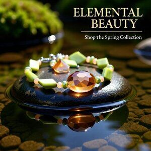 Charteuse & Apricot! Beaded Bracelet: Shell Crystal CatsEye Faux Pearls FOR 7-8"